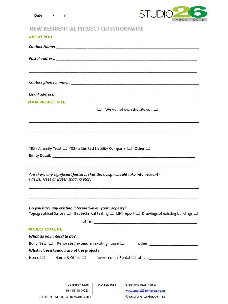 Studio26 - RES Project Design Questionaire Sept 2016 | PDF