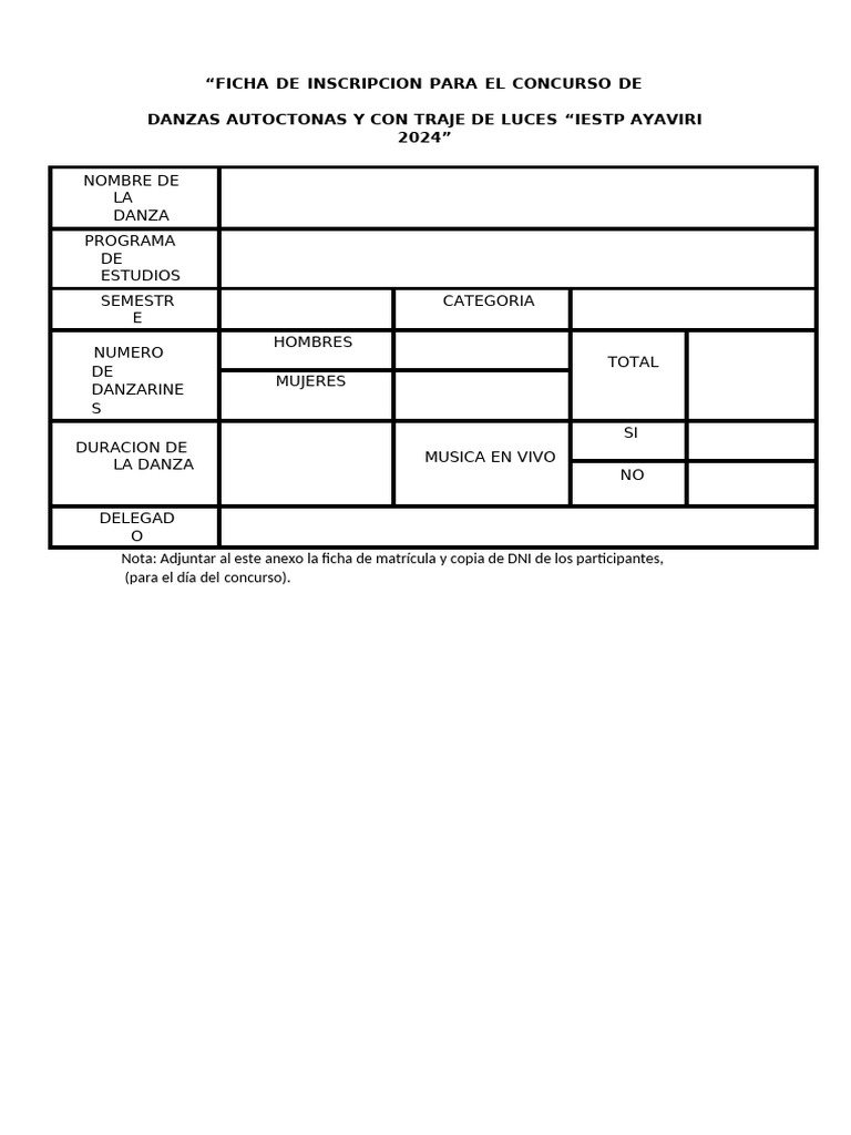 Ficha de Inscripcion para El Concurso de Danzas | PDF