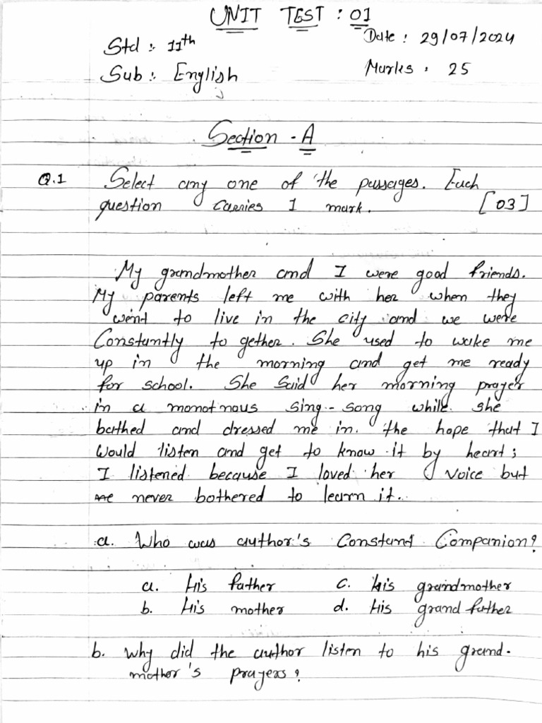 11th English Unit Test 1 Pdf