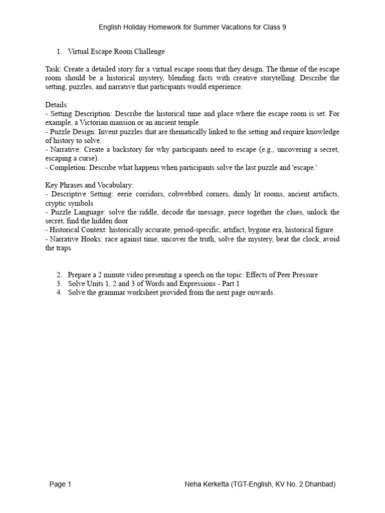 Holidays Homework For Class 9 Pdf