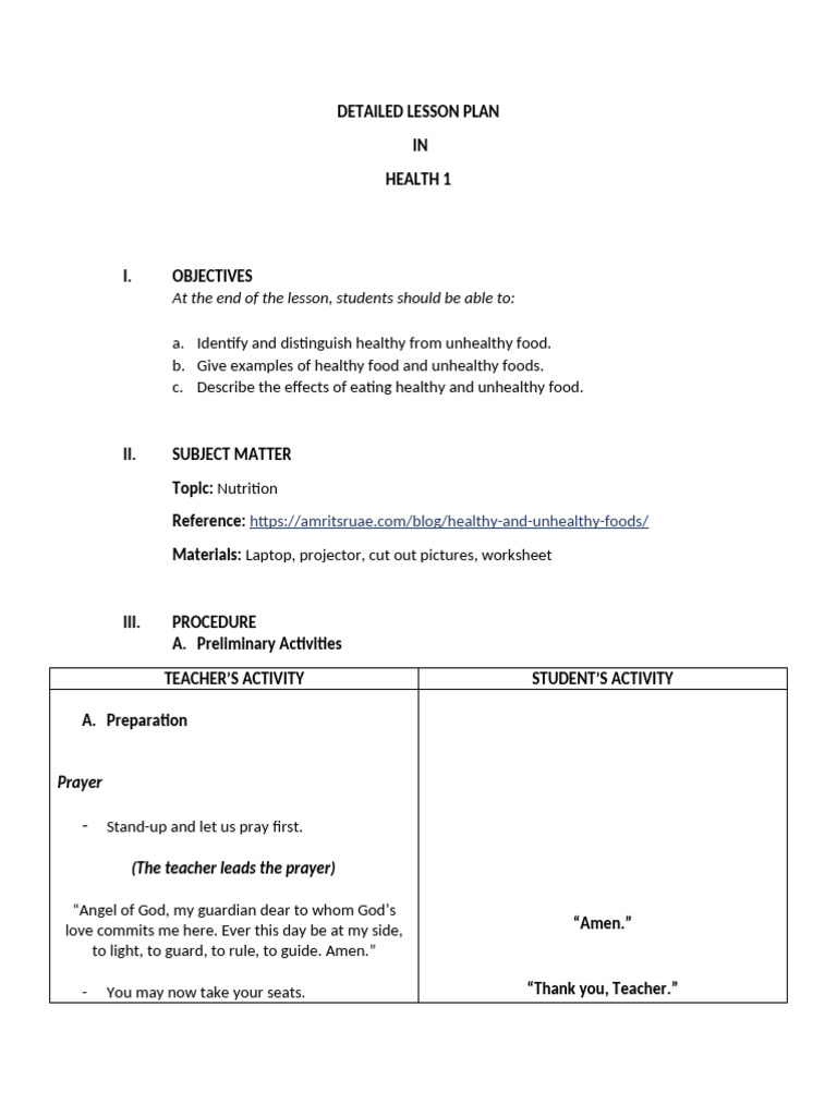 Detailed lesson plan health 1 pdf
