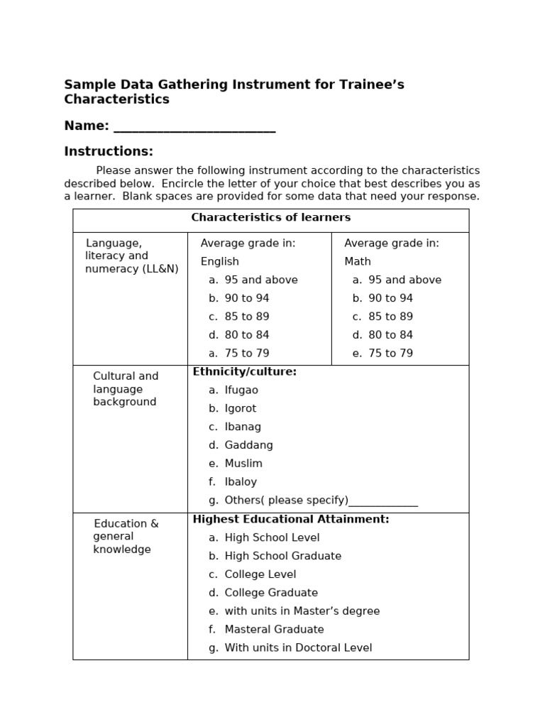 Form 1.1 Sample Data Gathering Instrumen | PDF