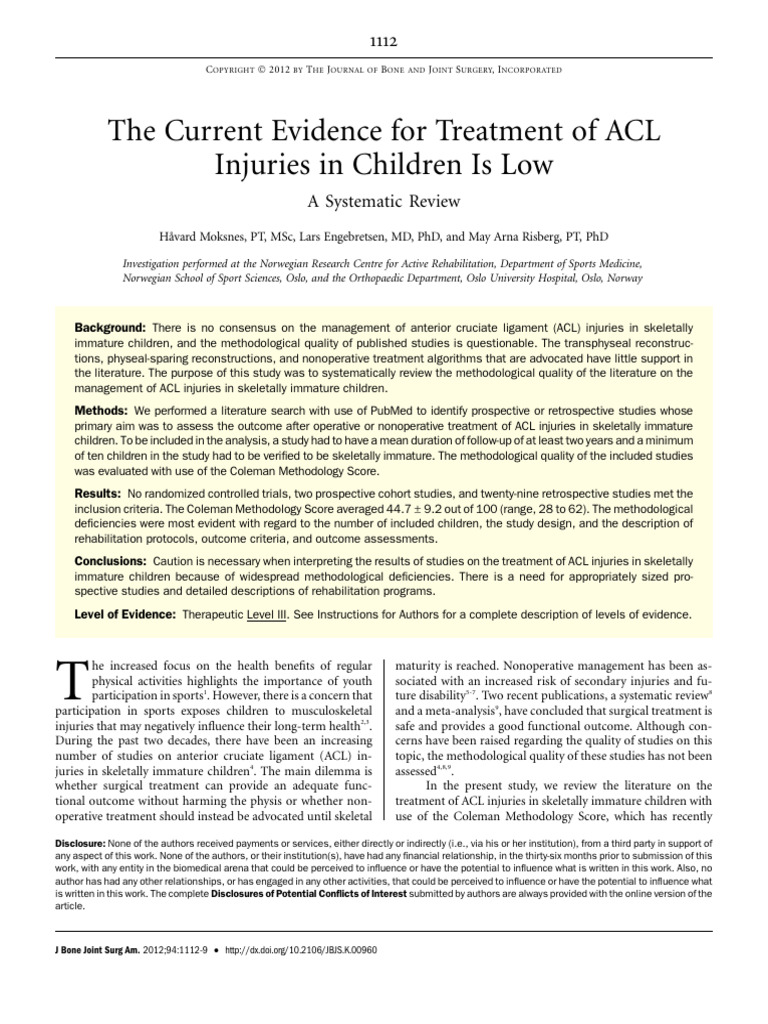 The Current Evidence For Treatment of ACL Injuries in Children Is Low | PDF