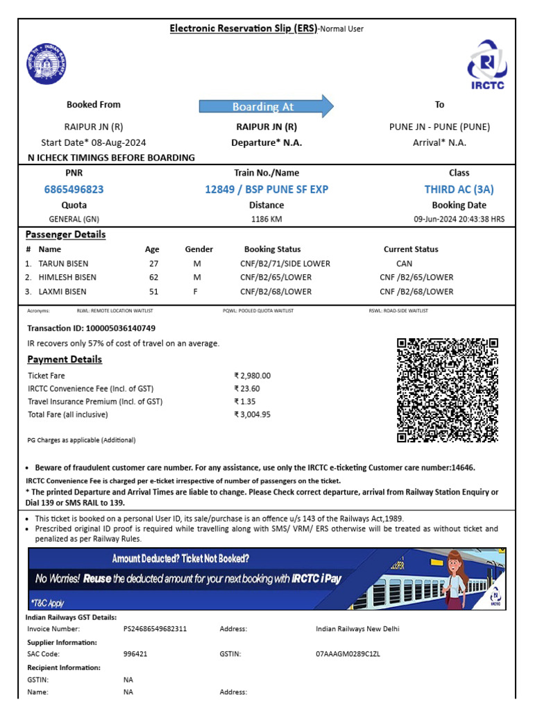 BSP Pune SF Exp Third Ac (3A) : Electronic Reserva On Slip (ERS) | PDF