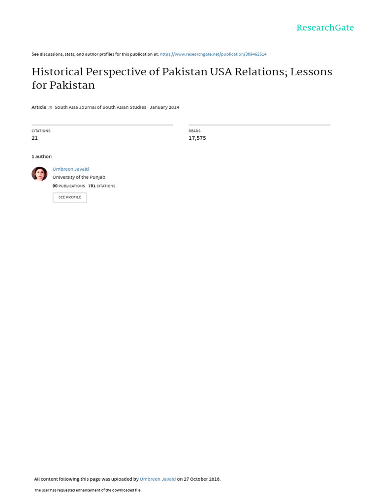 Historical Perspective of Pakistan USA R1 | PDF