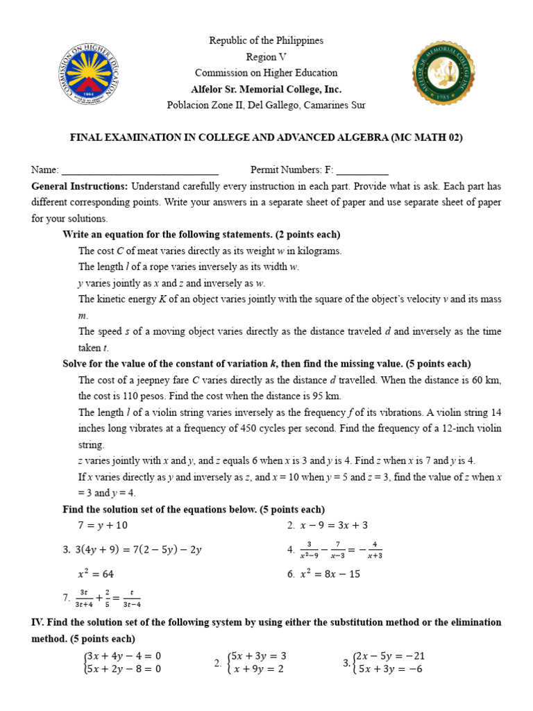 Final Exam MC Math 02 and 03 | PDF