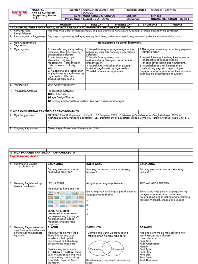 Matatag DLL Week 4 Epp Ict G4 | PDF