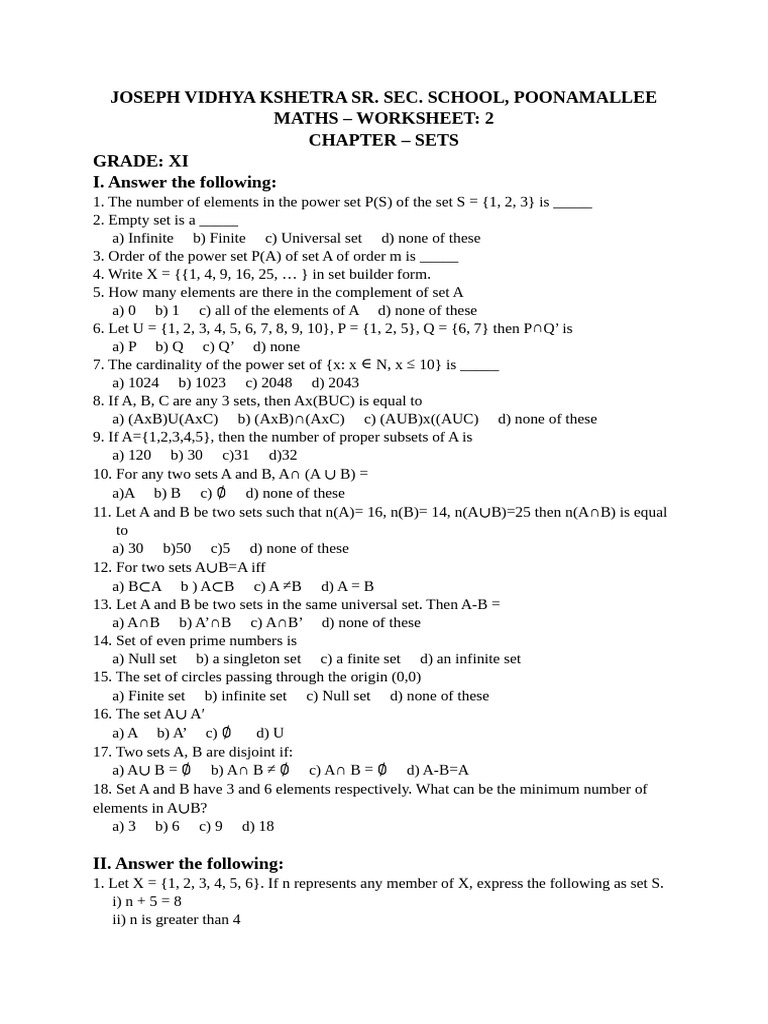 Grade 11 Maths Chapter 1 Worksheet 2 | PDF