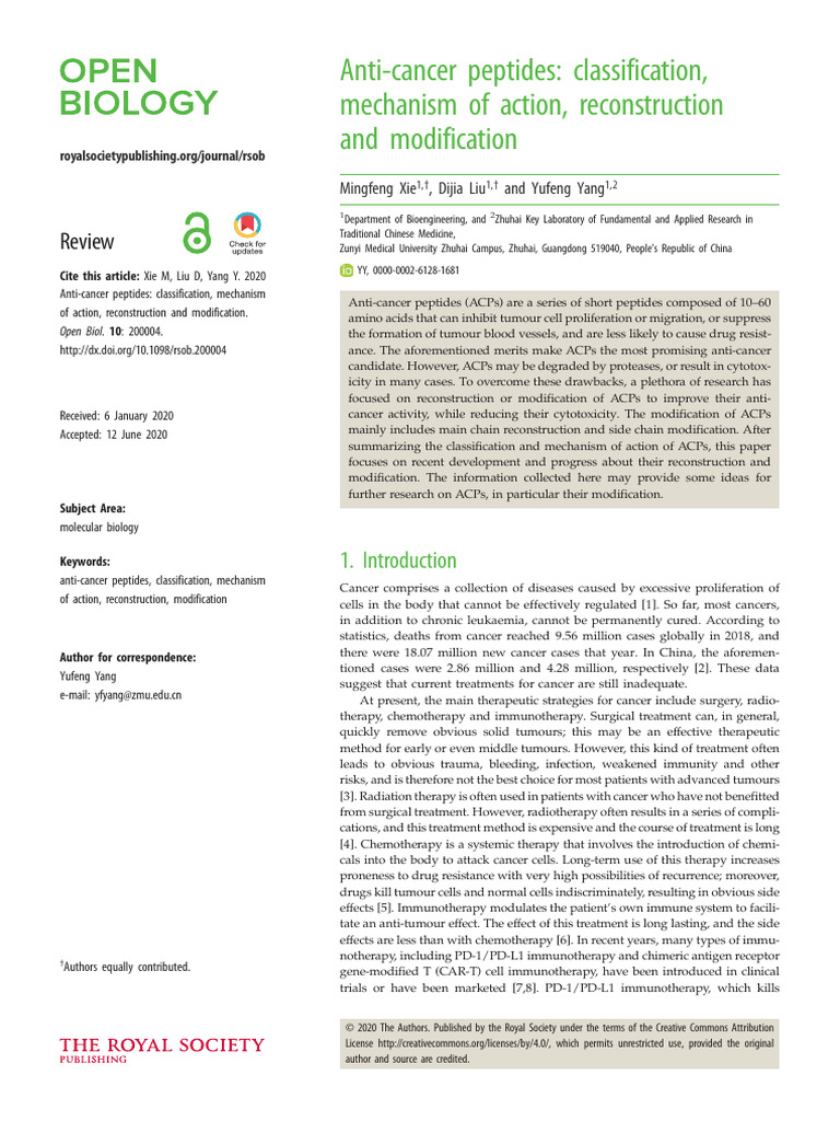 Xie et al 2020 anti cancer peptides classification mechanism of action
