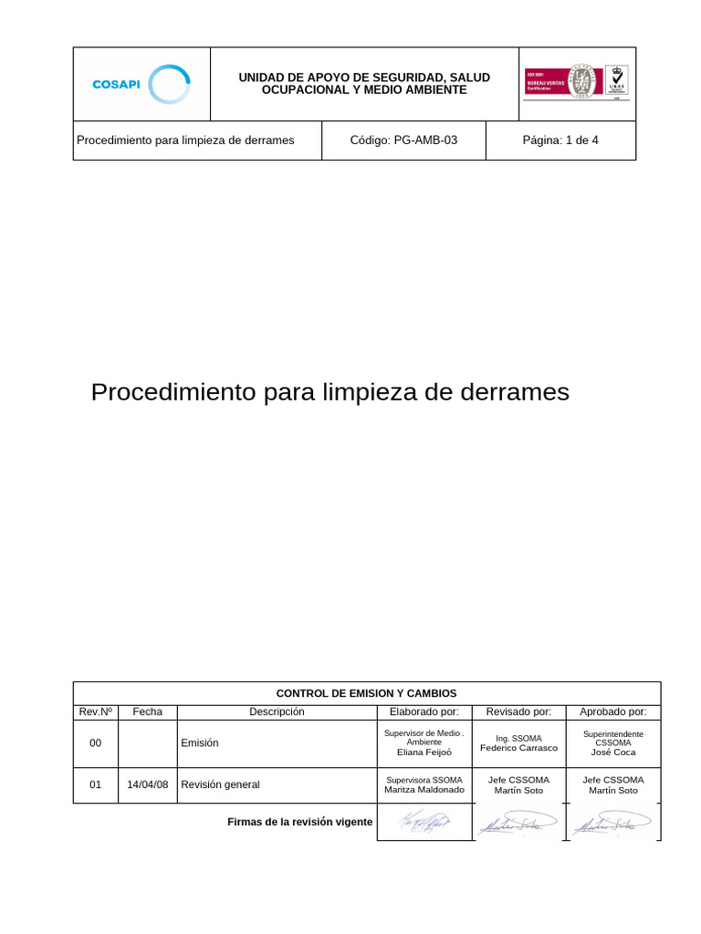 PG-AMB-03 Procedimiento Limpieza de Derrames Rev 01 | PDF