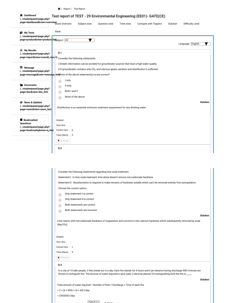 Test Report of TEST - 29 Environmental Engineering (EE01) - GATE (CE) | PDF
