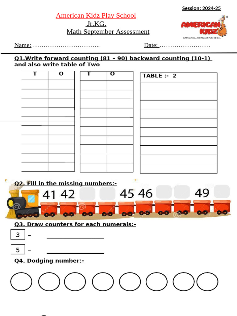 Jr.KG Maths Assessment September 2024 | PDF | Teaching Methods & Materials