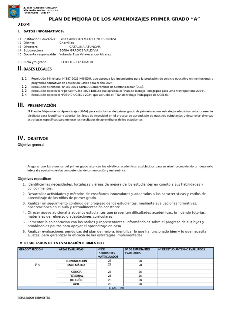 Plan de Mejora Primer Grado A 2024 | PDF