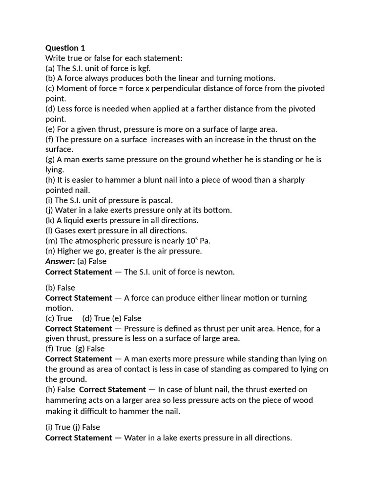 Class 8 Force and Pressure Q & A | PDF