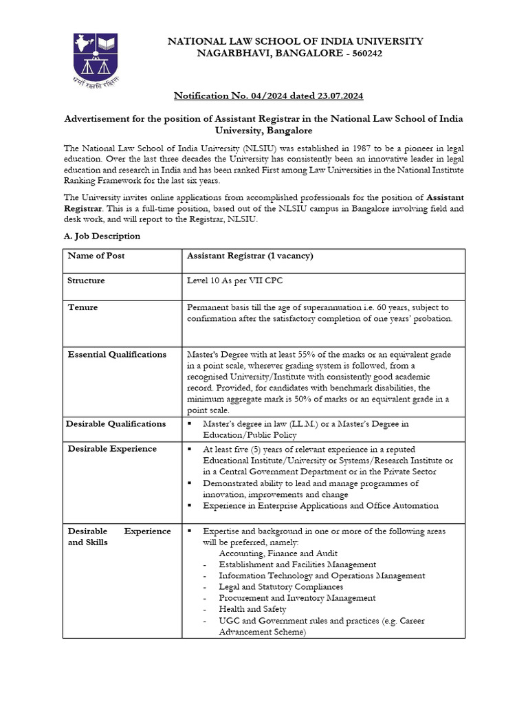 Notification No 04 of 2024 Assistant Registrar | PDF