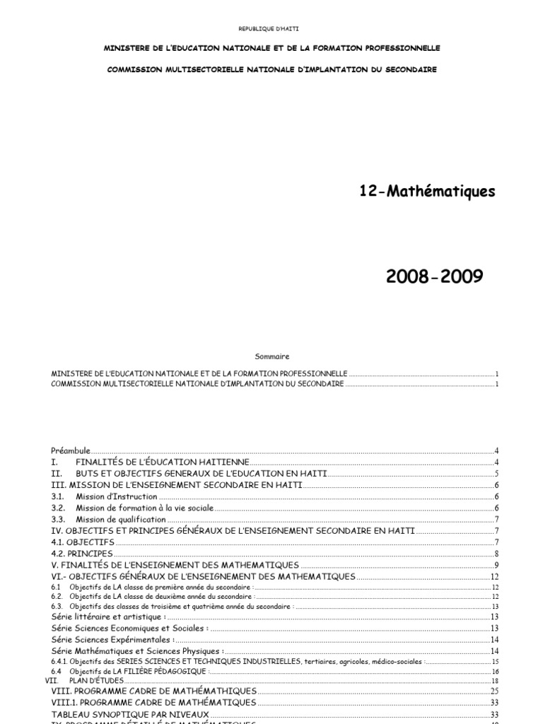 Programme de Mathématiques Secondaire Haïti | PDF | Mathématiques ...