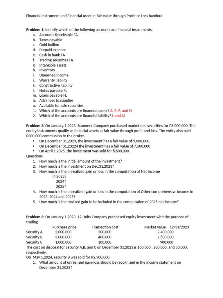 Financial Instrument and FVPL Equity Handout | PDF