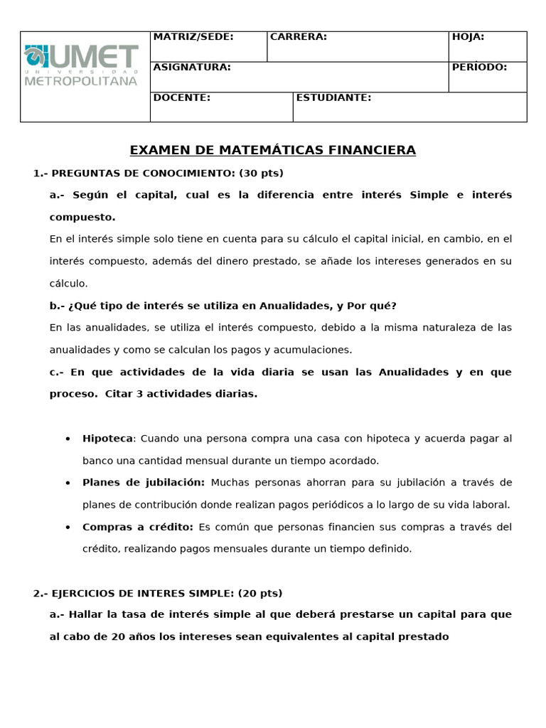 EXAMEN DE MATEMATICAS FINANCIERA 2024 | PDF