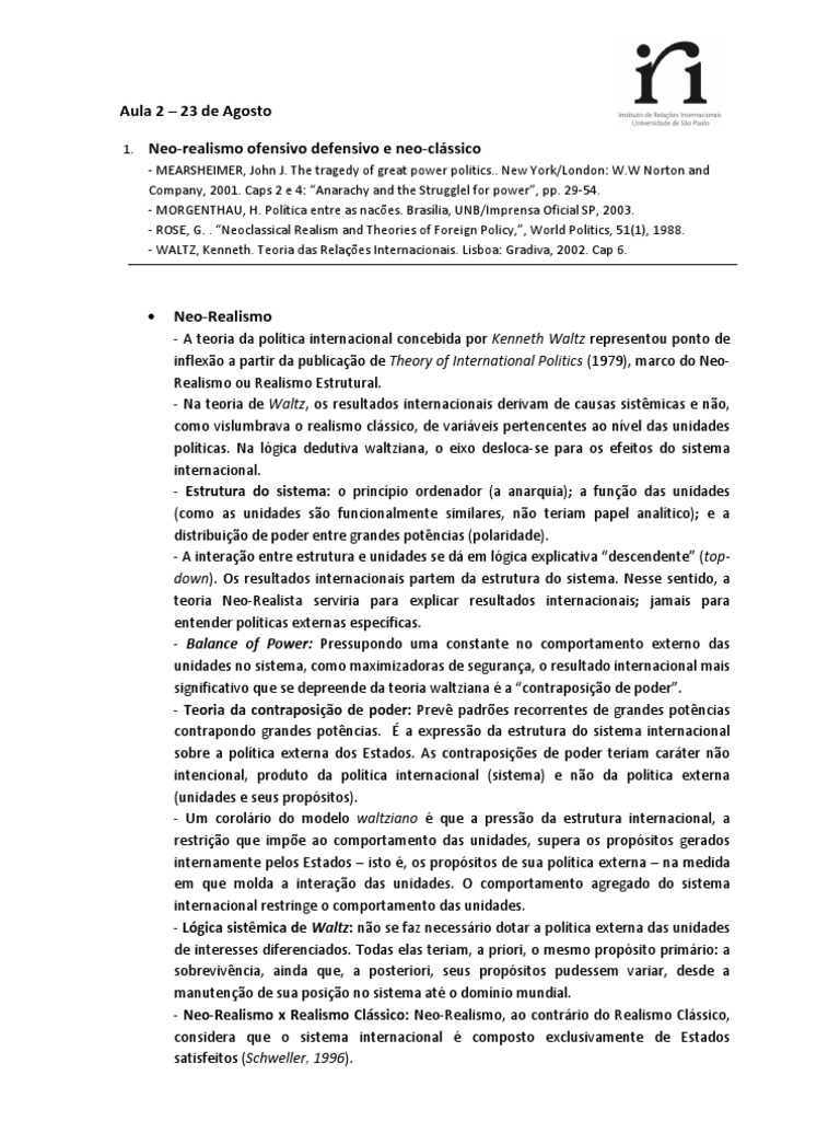 Aula Neorealismo ofensivo defensivo e neoclássico