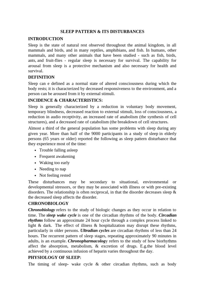 Sleep Pattern & Disturbances | PDF