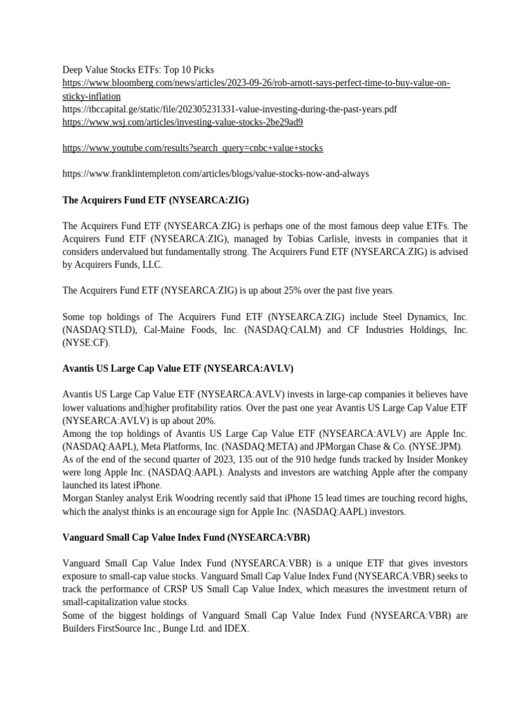 Deep Value Stocks ETFs Top 10 Picks | PDF | Exchange Traded Fund ...