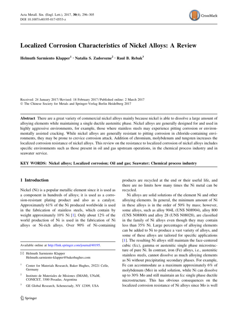 Localized Corrosion Characteristics of Nickel Alloys: A Review | PDF