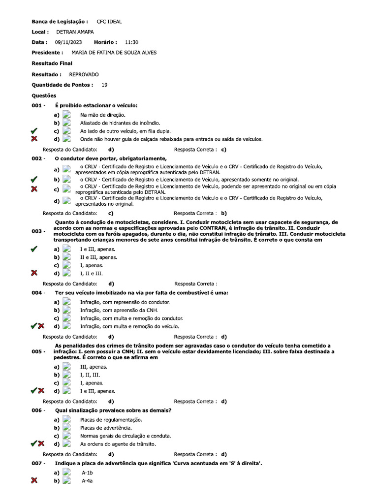 Detran AP Gabarito Prova Teórica - Departamento Estadual de Trânsito Do ...