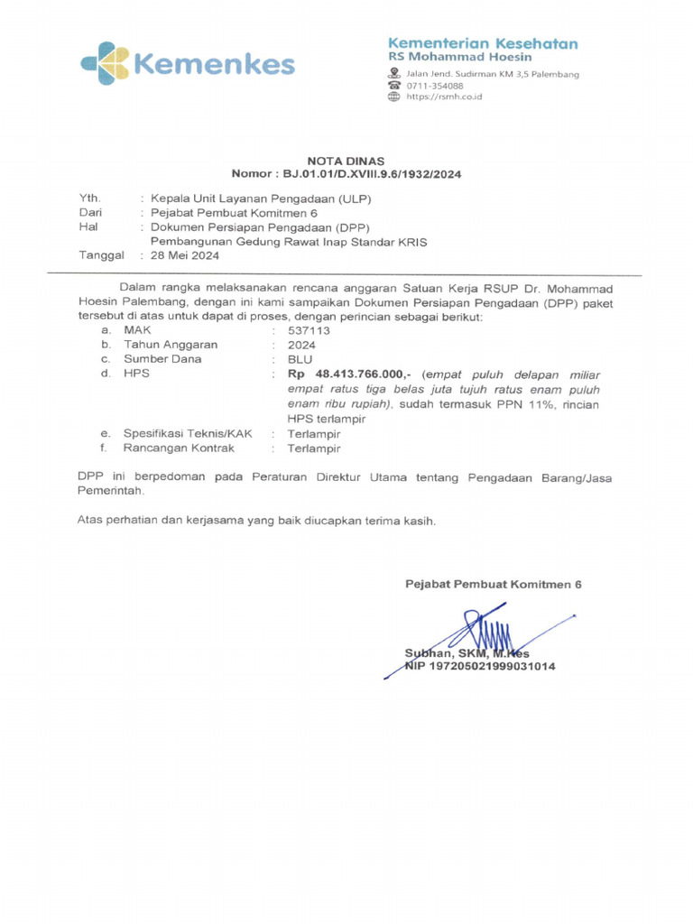 NOTA DINAS Pembangunan Gedung Rawat Inap Standar KRIS | PDF