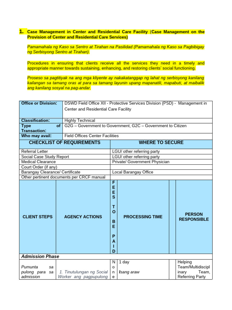 Case Management in Center and Residential Care Facility 1 | PDF