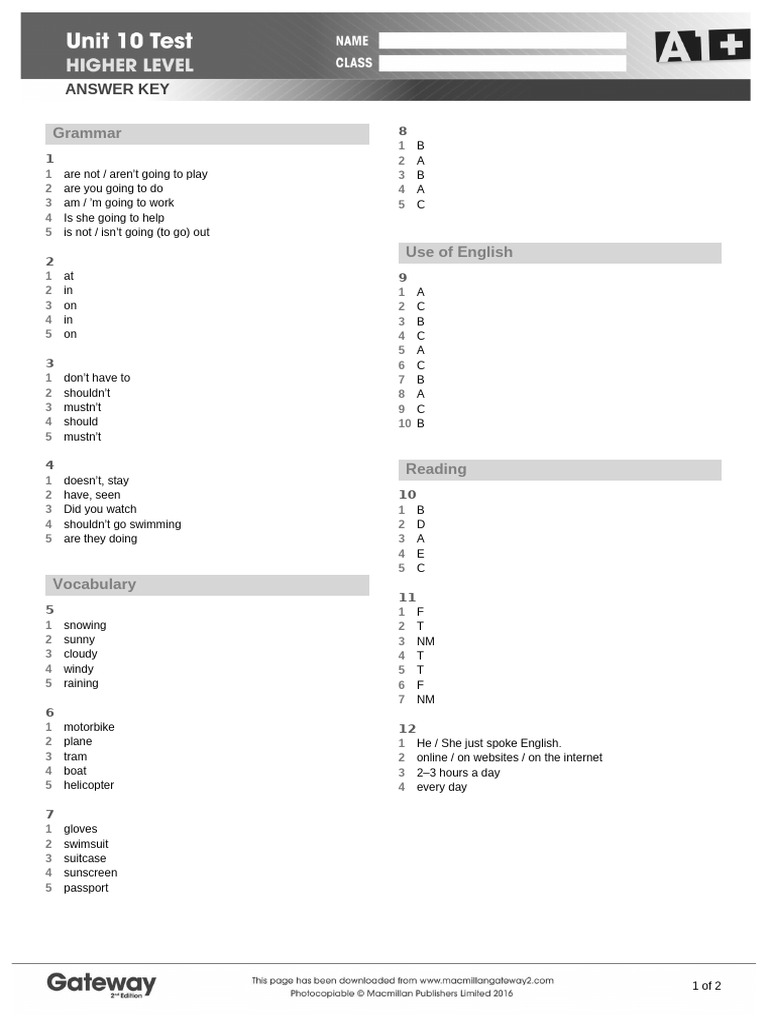 A1+ UNIT 10 Test Answer Key Higher | PDF