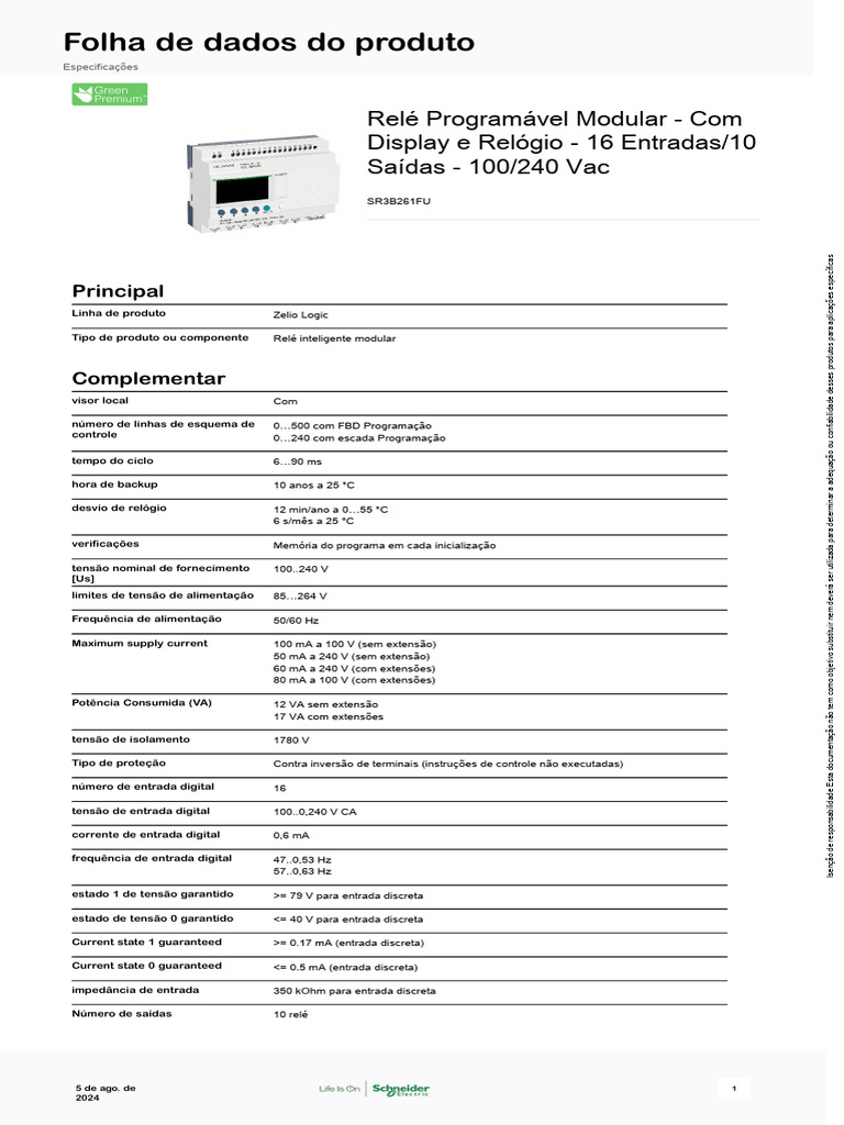 Schneider Electric Relé Programável Zelio Logic SR3B261FU | PDF