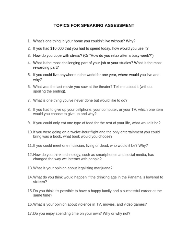 Engaging Speaking Assessment Topics | PDF