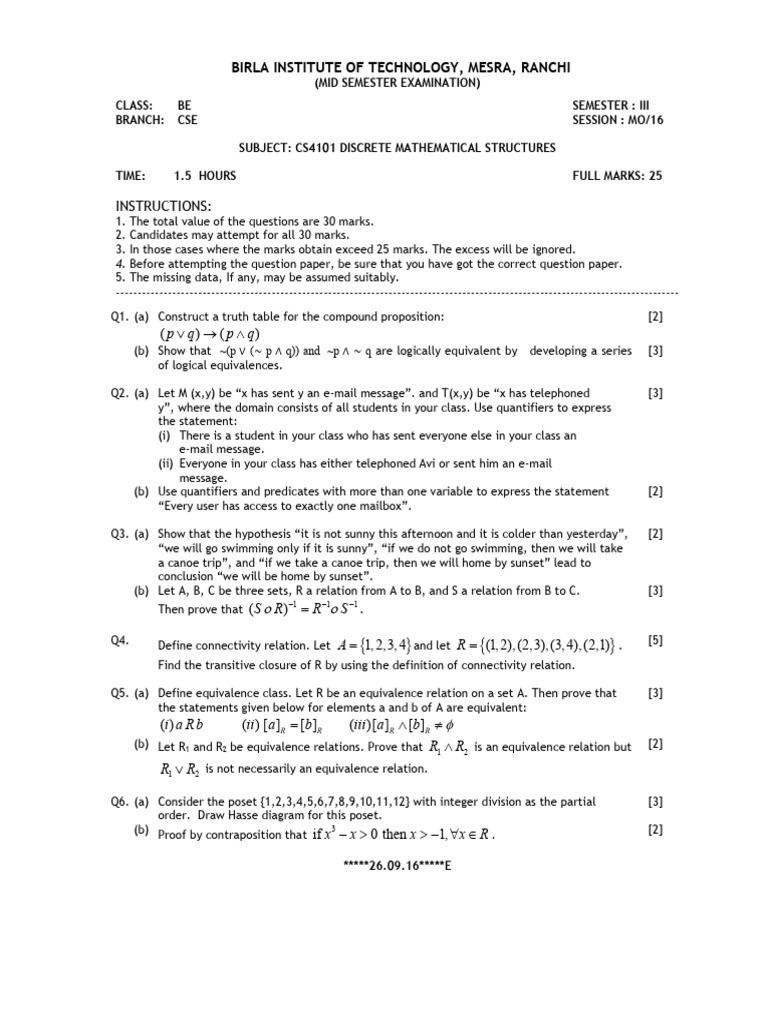 Discrete Math Exam Paper - CSE III Sem | PDF | Metalogic | Syntax (Logic)