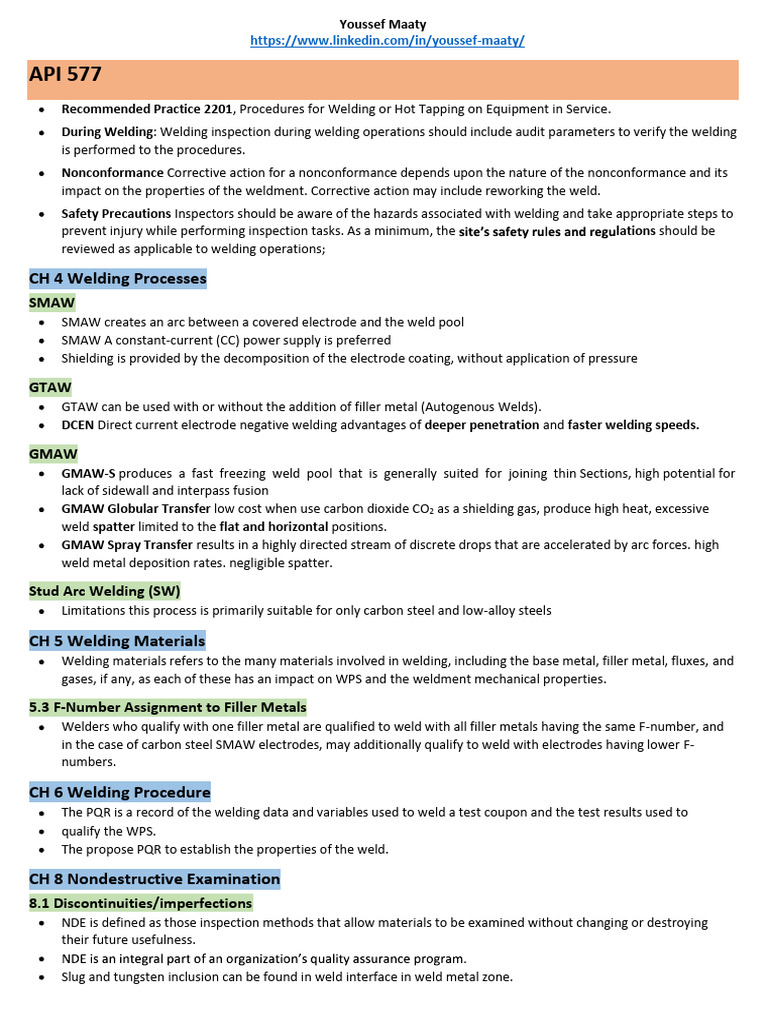 Summary of API 577 Welding, Inspection and Metallurgy | PDF | Welding ...