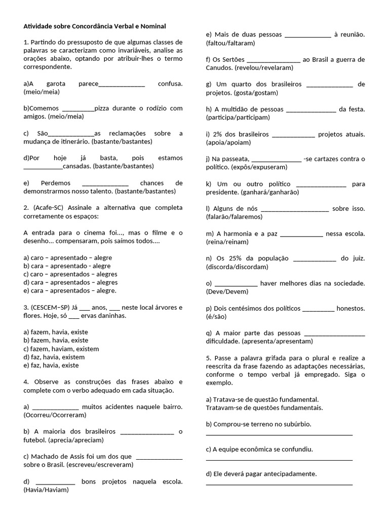 Atividade Sobre Concordância Verbal e Nominal | PDF