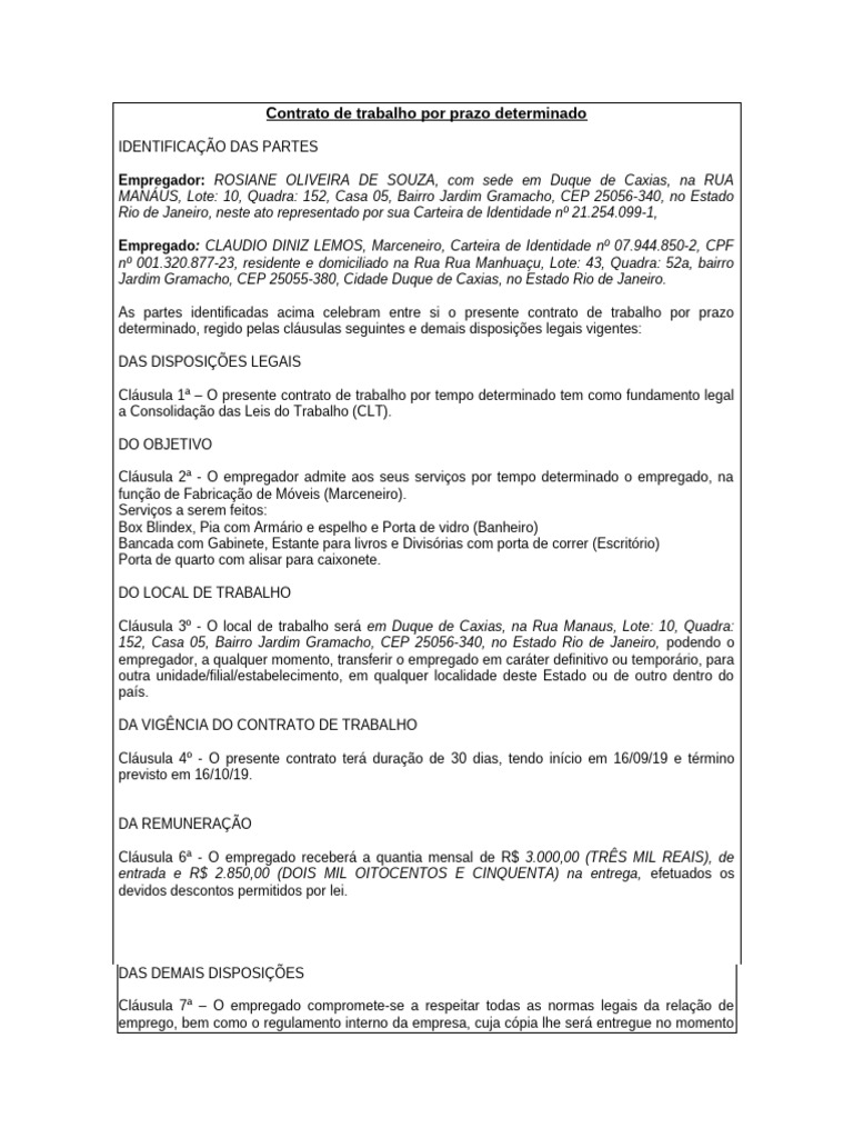Contrato De Trabalho Por Prazo Determinado E Contrato Por Prazo – CHLRIM