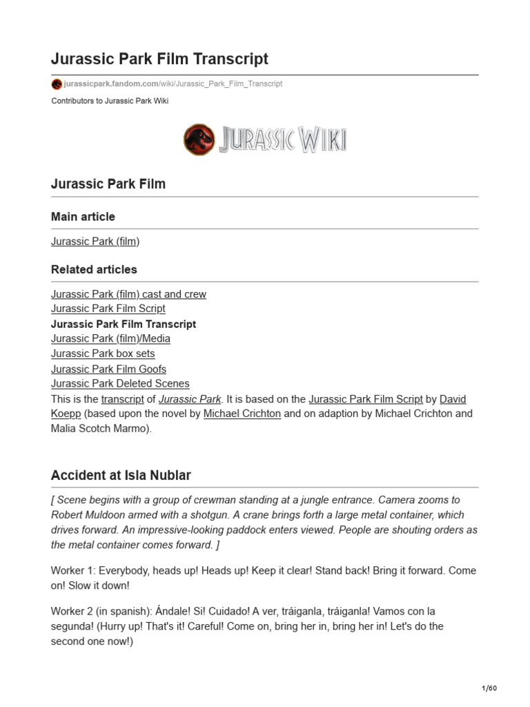 Jurassic Park Film Transcript Overview | PDF