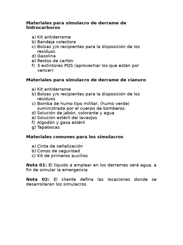 Materiales para Simulacro de Derrame de Hidrocarburos | PDF