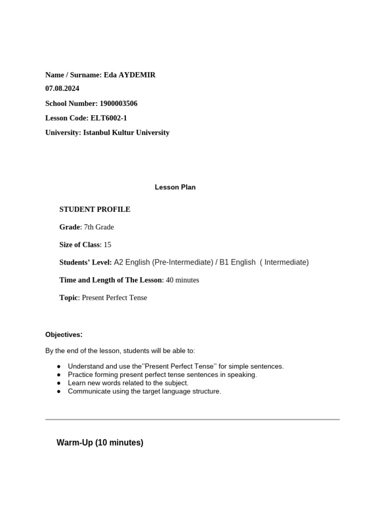 Present Perfect Tense Lesson Plan Pdf