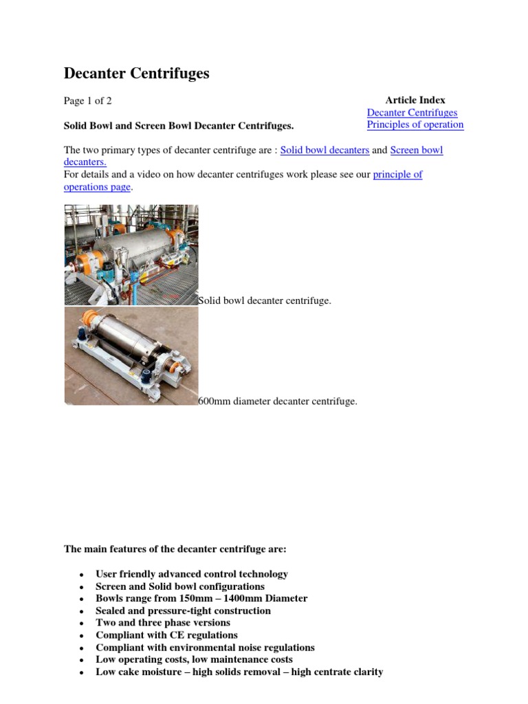 Decanter Centrifuges PDF Centrifuge Unit Operations