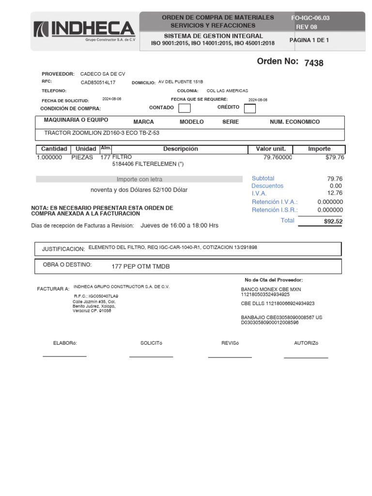 Orden No: 7438: Orden de Compra de Materiales Servicios Y Refacciones ...