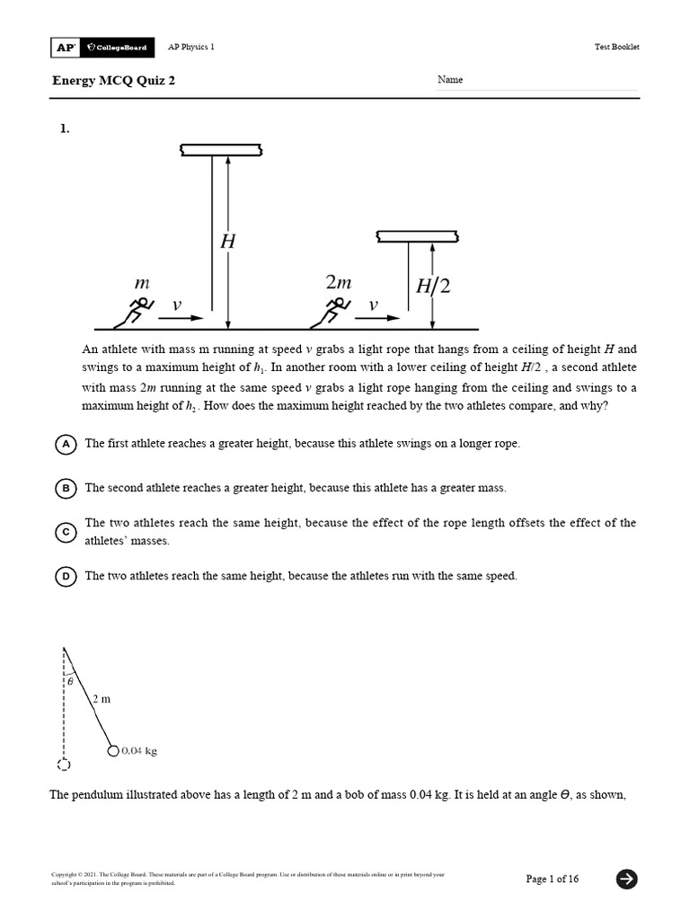 AP Physics 1 04EnergyMCQ Quiz2 | PDF | Force | Science & Mathematics