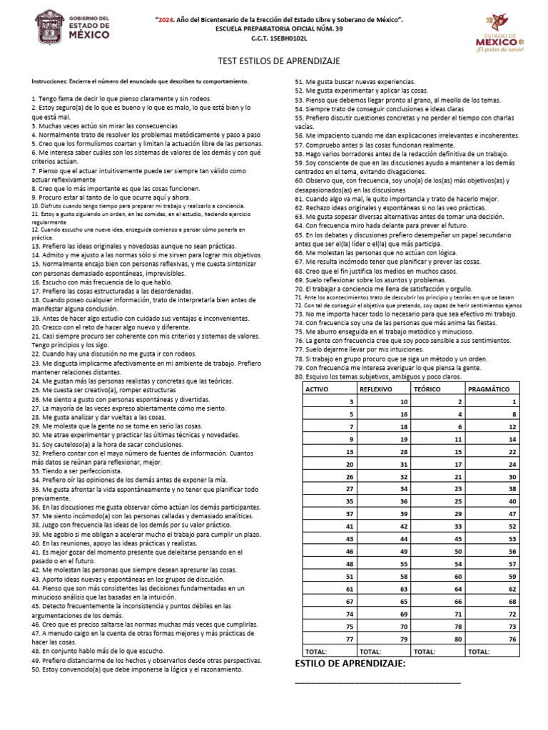 Test Estilos de Aprendizaje | PDF