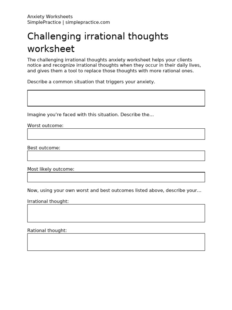 Challenging Irrational Thoughts Worksheet PDF