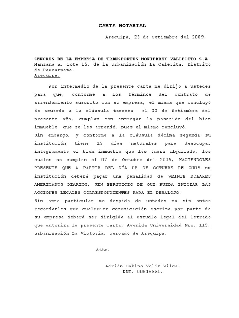 Carta notarial.Adrián Veliz Vilca.Cumplimiento de 