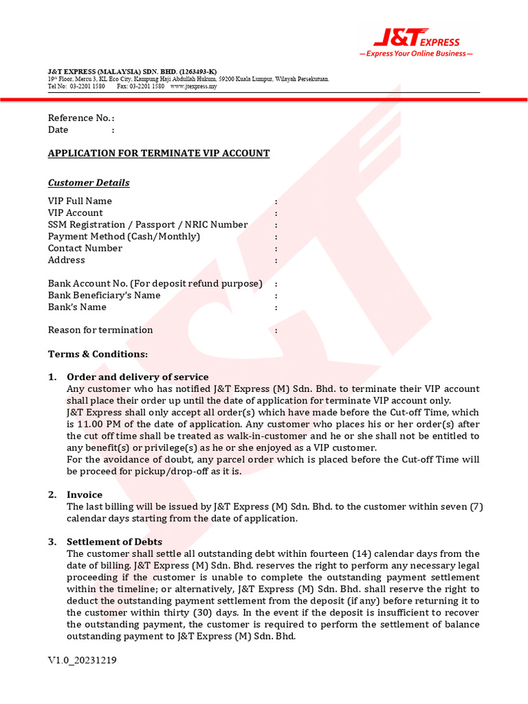Termination of J&T VIP Account Application | PDF | Finance & Money ...