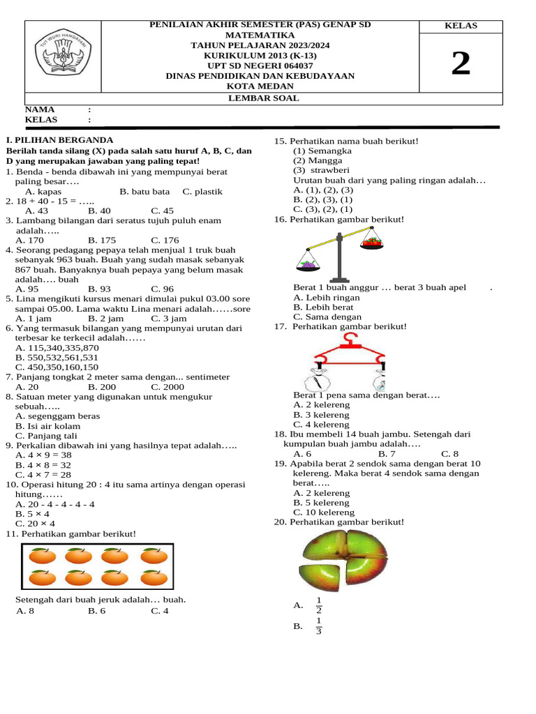 Kelas Ii Soal Matematika Pdf