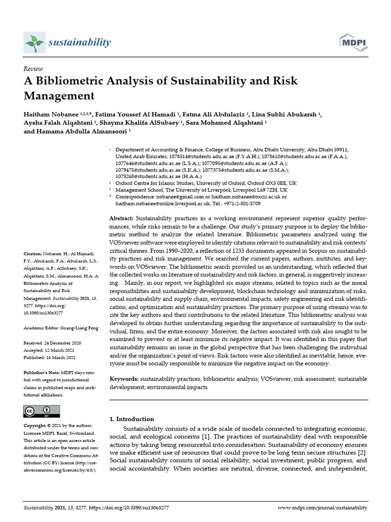 A Bibliometric Analysis of Sustainability and Risk | PDF ...