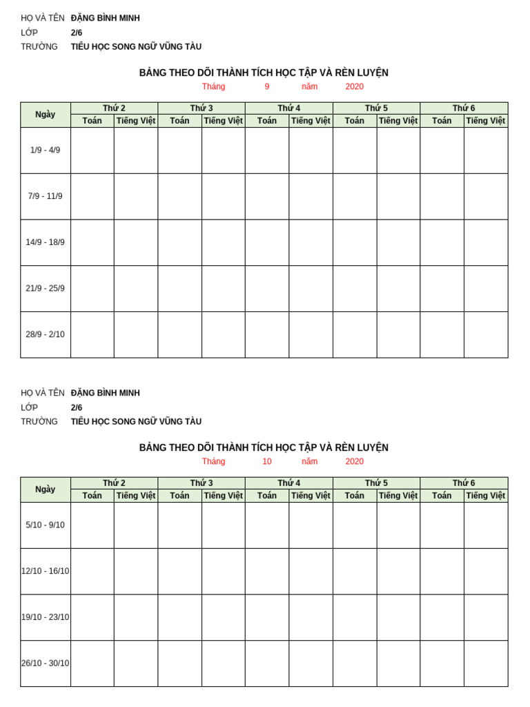 bang theo doi thanh tich hoc tap | PDF