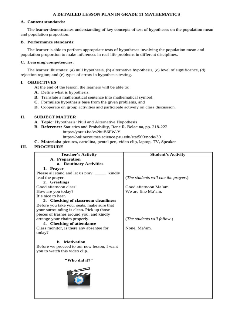Grade 11 Math Lesson: Hypothesis Testing | PDF | Hypothesis | Self ...